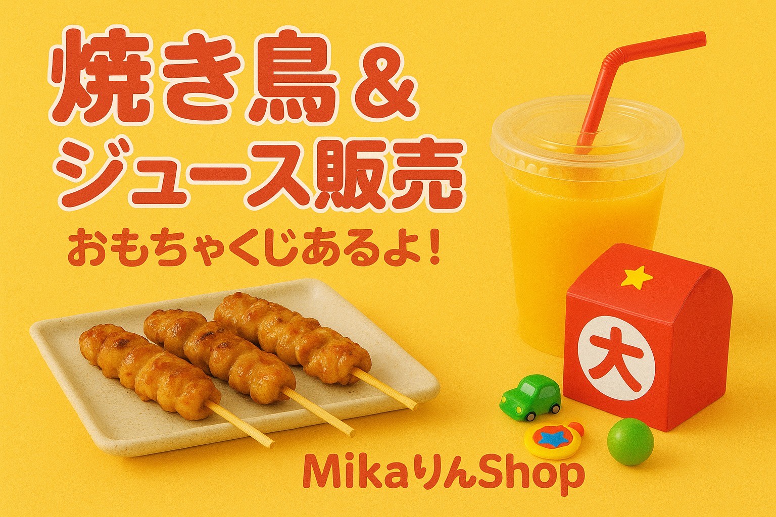 MikaりんShopのバナー。やきとり・ジュース・おもちゃクジの文字と絵が描かれている